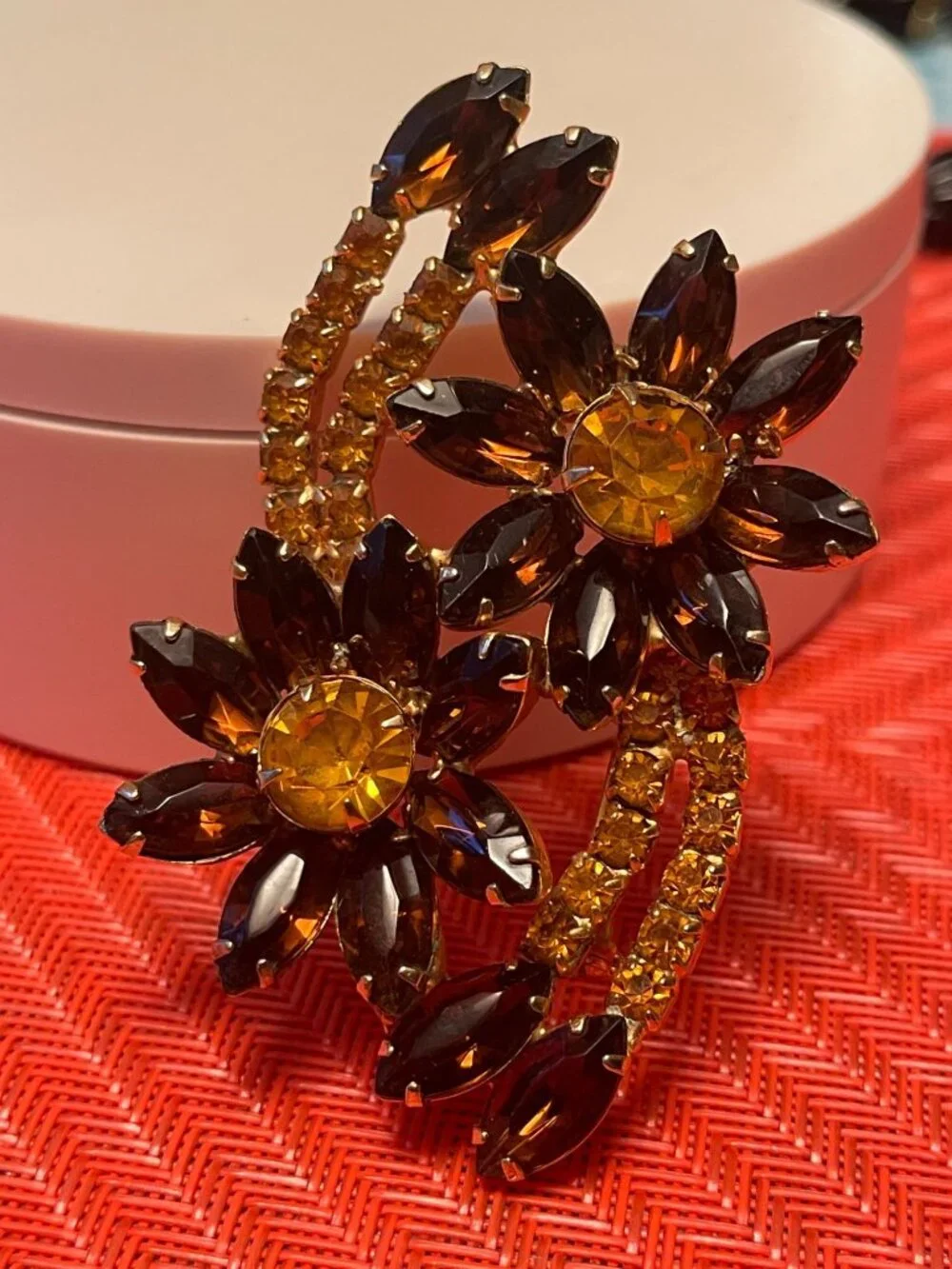 Vtg MCM Amber & Topaz Rhinestone Floral Brooch With Marquise & Chaton Stones In